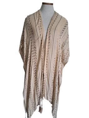 SURF GYPSY beach bathing suit coverup tassels airy woven beige resort coastal M
